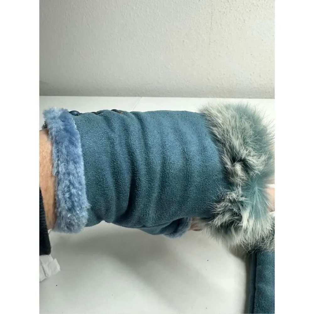 Women’s Faux Suede Fingerless Gloves Sky Blue One Size Rabbit Fur Trim Lace Up